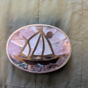 Vintage Sailboat Belt Buckle – Mother of Pearl Inlay Nautical Coastal Design